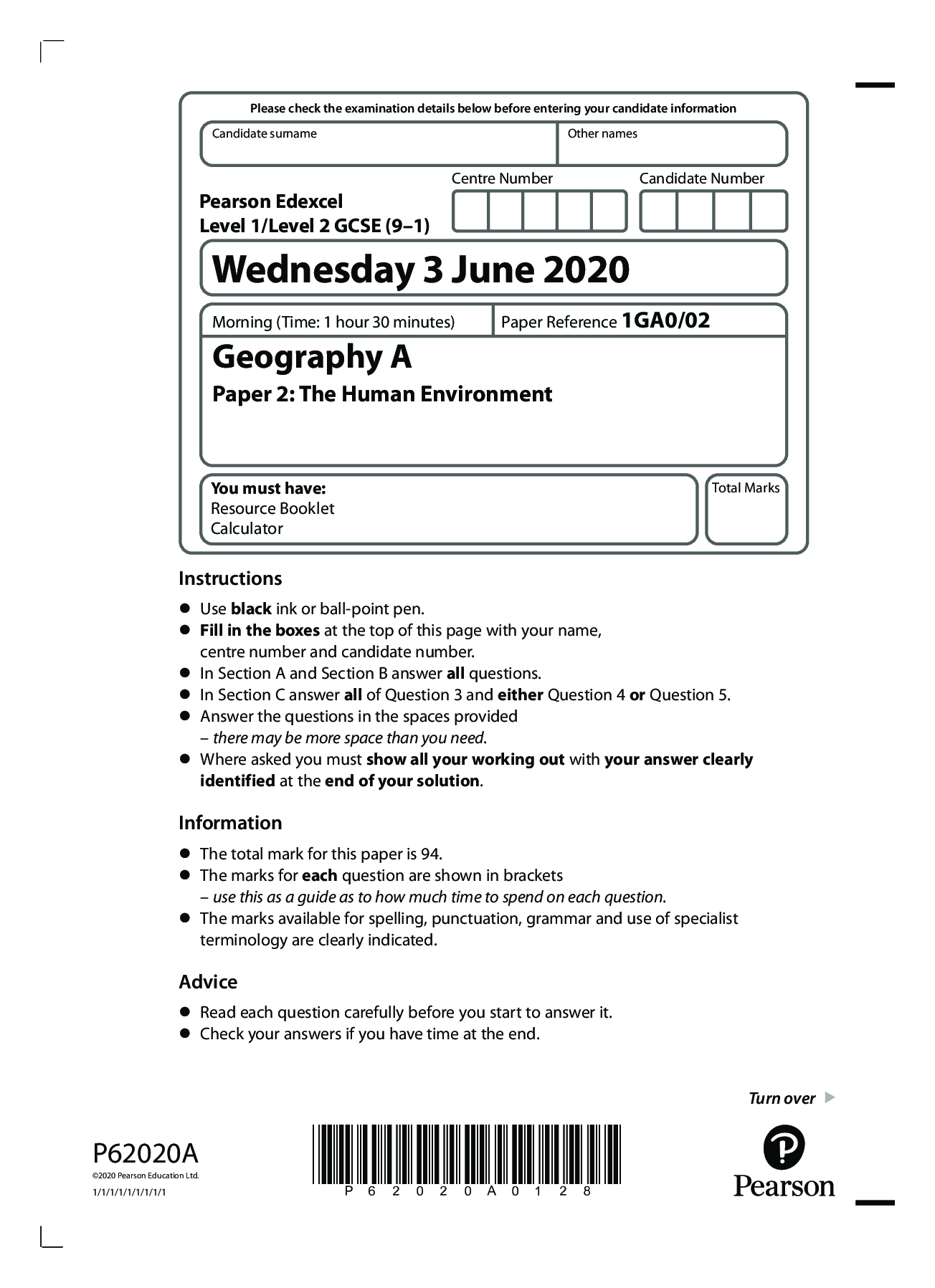 Preview image for Pearson Edexcel Level 1/Level 2 GCSE (9–1) Geography A Paper 2: The Human Environment 2020 Question Paper