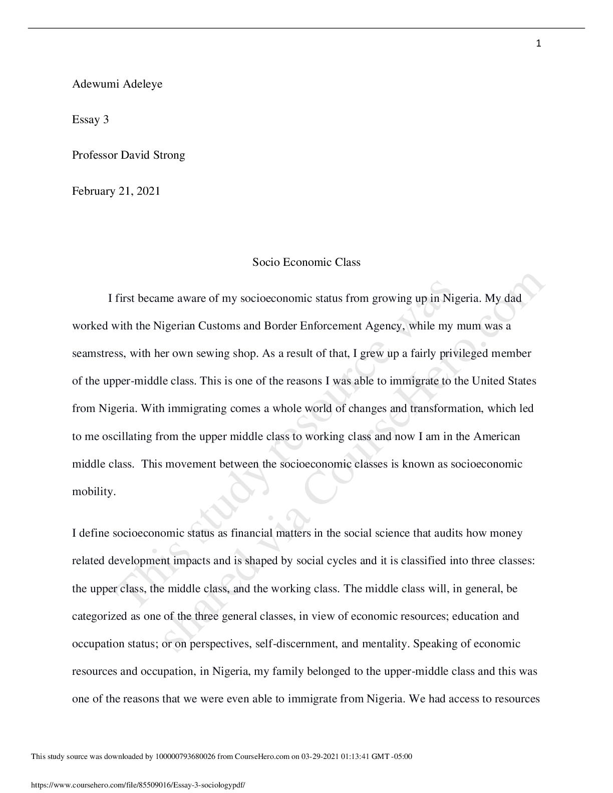 Preview of Socio Economic Class Indiana University, Purdue University Indianapolis - SOC-R 100Essay 3
