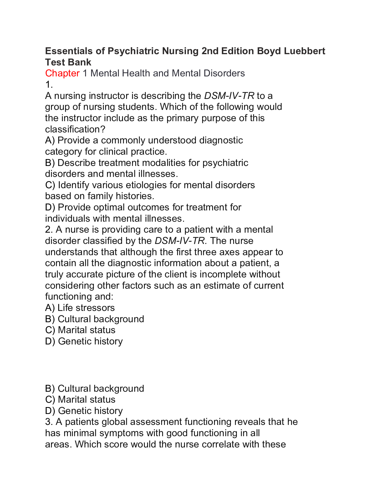 Preview of Essentials of Psychiatric Nursing 2nd Edition Boyd Luebbert Test Bank