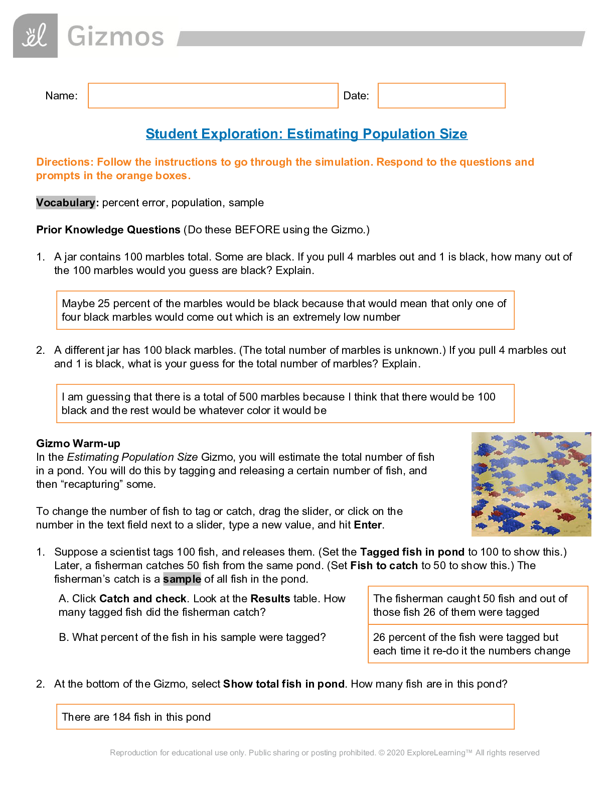 Preview of Gizmo_Student Exploration: Estimating Population Size 2021 | ALL ANSWERS CORRECT | GRADED