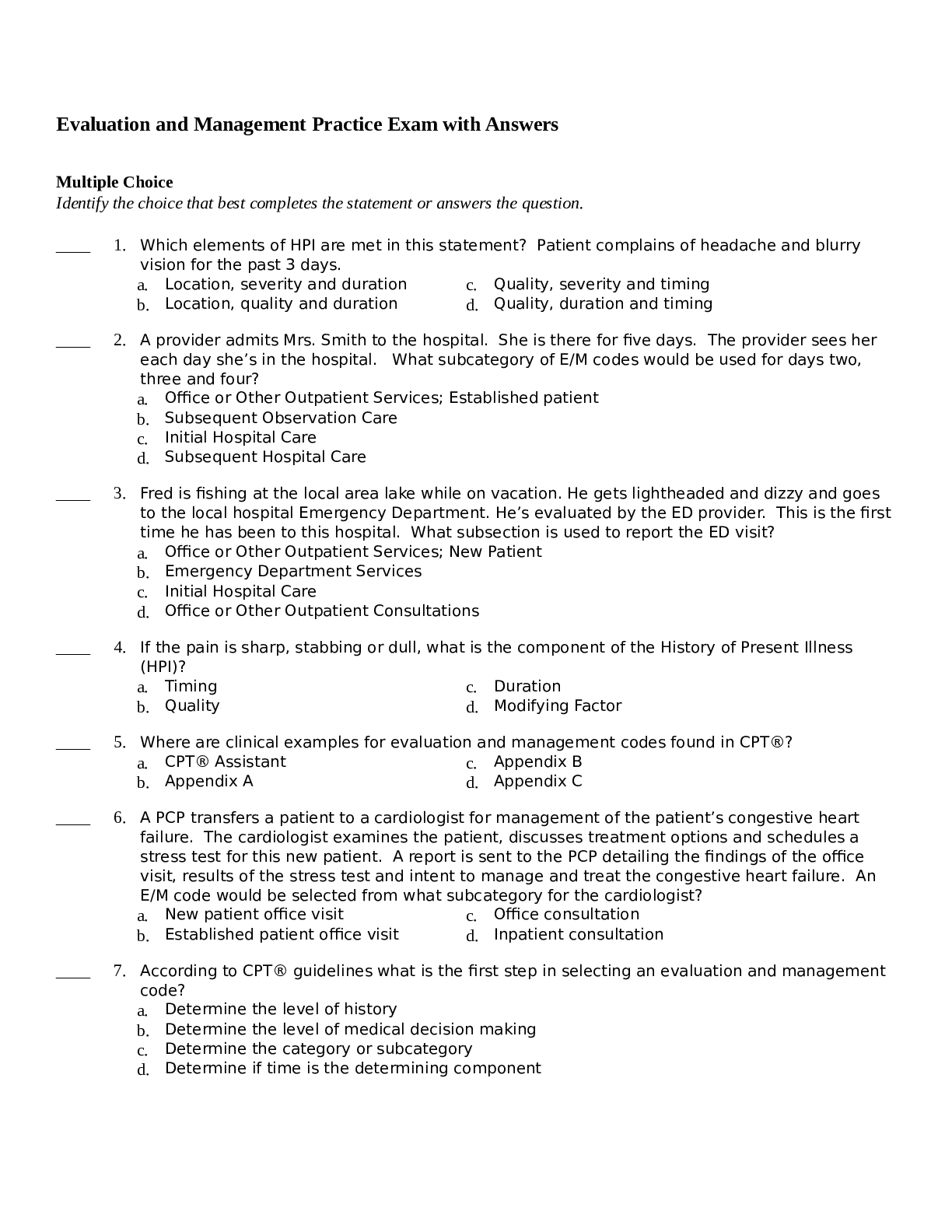 Preview image for Evaluation and Management Practice Exam with Answers (Graded Best Solutions)