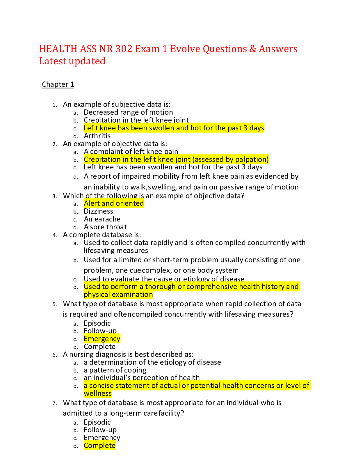 Preview image for HEALTH ASS NR 302Exam 1 Evolve Questions