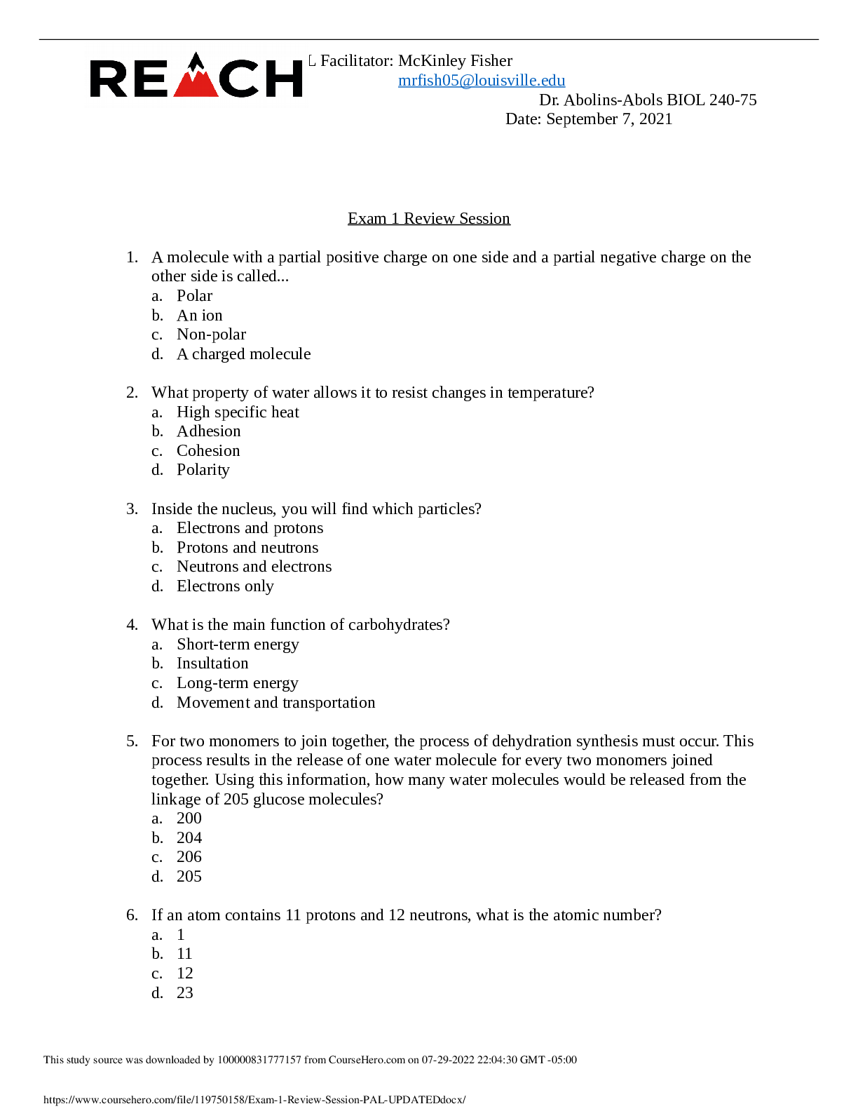 Preview image for Exam 1 Review Session (PAL) UPDATED