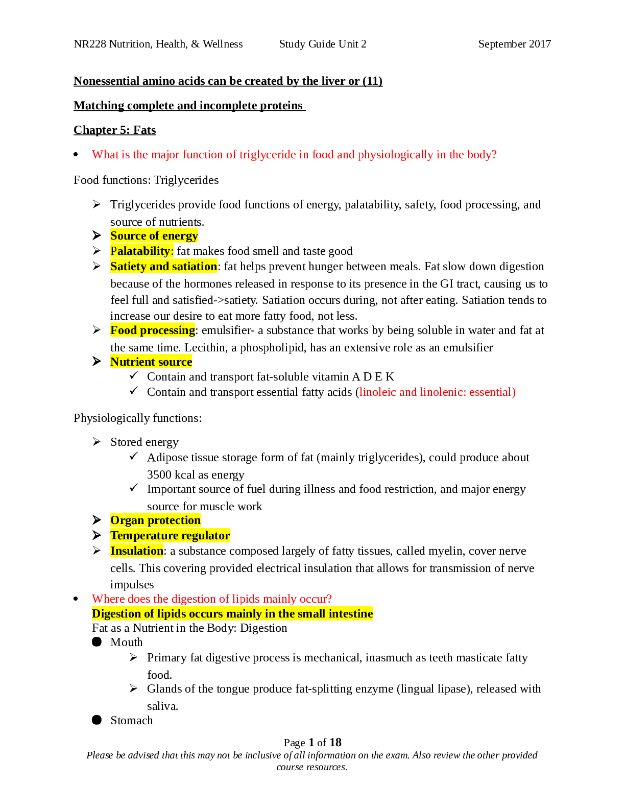 Preview image for NURS 3304 - Unit 2: Nutrition, Health, & Wellness. Study Guide.