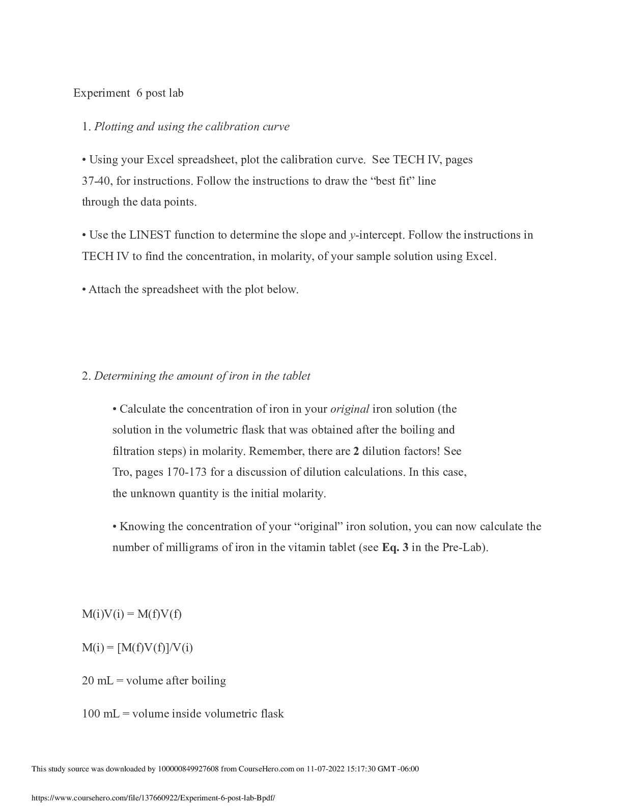 Preview image for CHEM CH111 Experiment 6 Post Lab Boston College