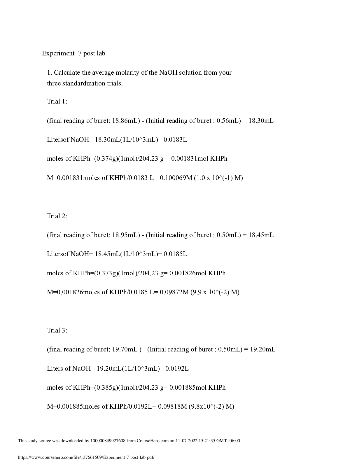 Preview image for CHEM CH111  Experiment 7 post Lab Boston College