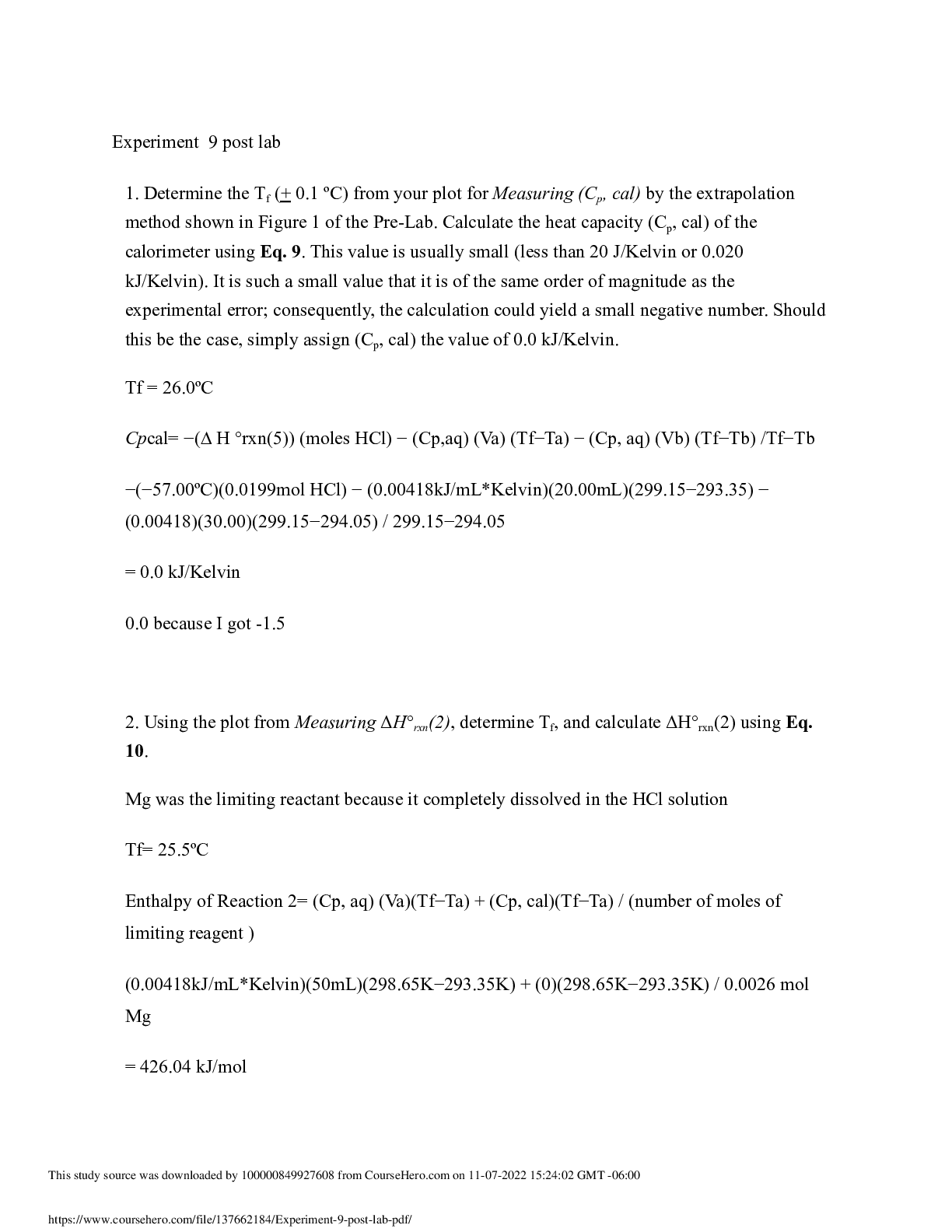 Preview image for CHEM CH111  Experiment 9 post Lab Boston College