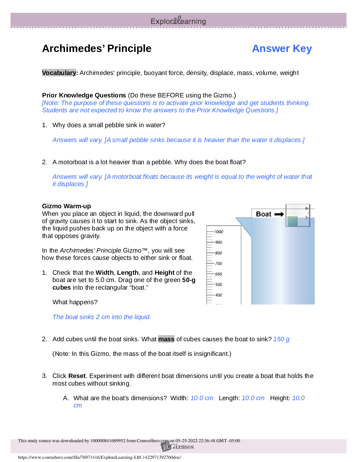 Preview image for GIZMOs : Archimedes’ Principle - Answer Key