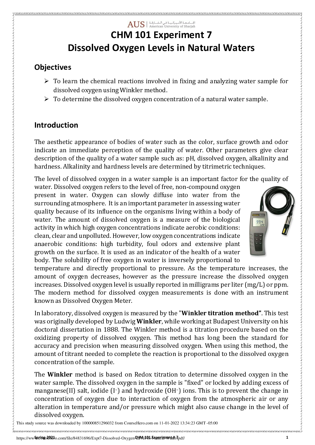 Preview image for Expt#7. Dissolved Oxygen Level in Natural Water CHEM 101