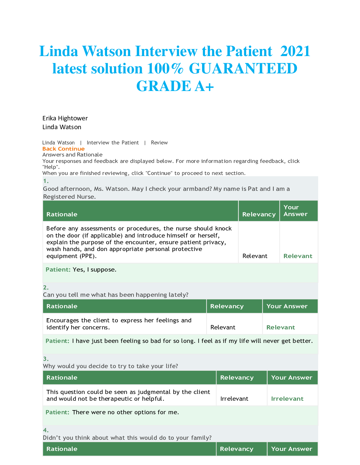Preview image for Linda Watson | Interview the Patient | Review Answers and Rationale_ Fall 2021