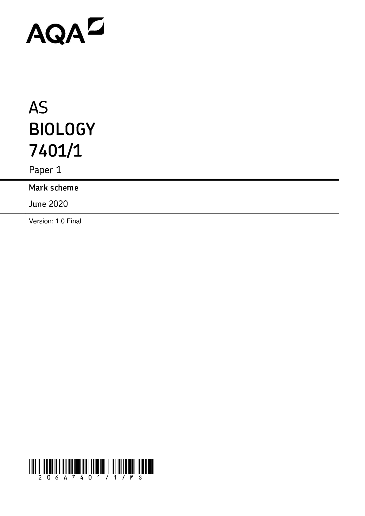 Preview image for Official AQA AS Biology 2020 Mark Scheme Paper 1/AQA AS Biology 2020 Mark Scheme Paper 1 (Very Helpful)