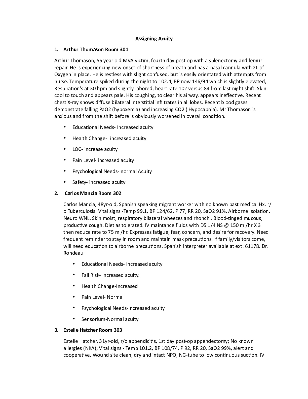 Preview image for MED SURG 201 Assigning Acuity 1. Arthur Thomason Room 301, Carlos Mancia Room 302, Estelle Hatcher Room 303, Ann Rails Room 304, Kathy Gestalt Room 305, John Duncan Room 306,  Plus many other rooms (15). See Description below..