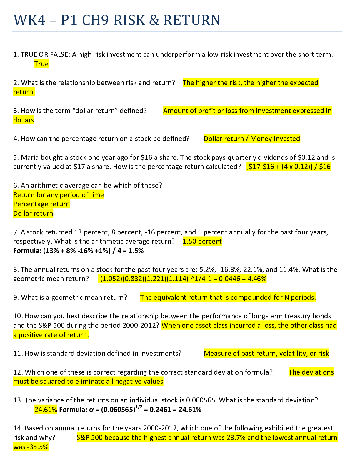 Preview of University of Phoenix - FIN 370: FIN370_WK4_CHAPTER 9 P1_RISK & RETURN. 47 Questions and A