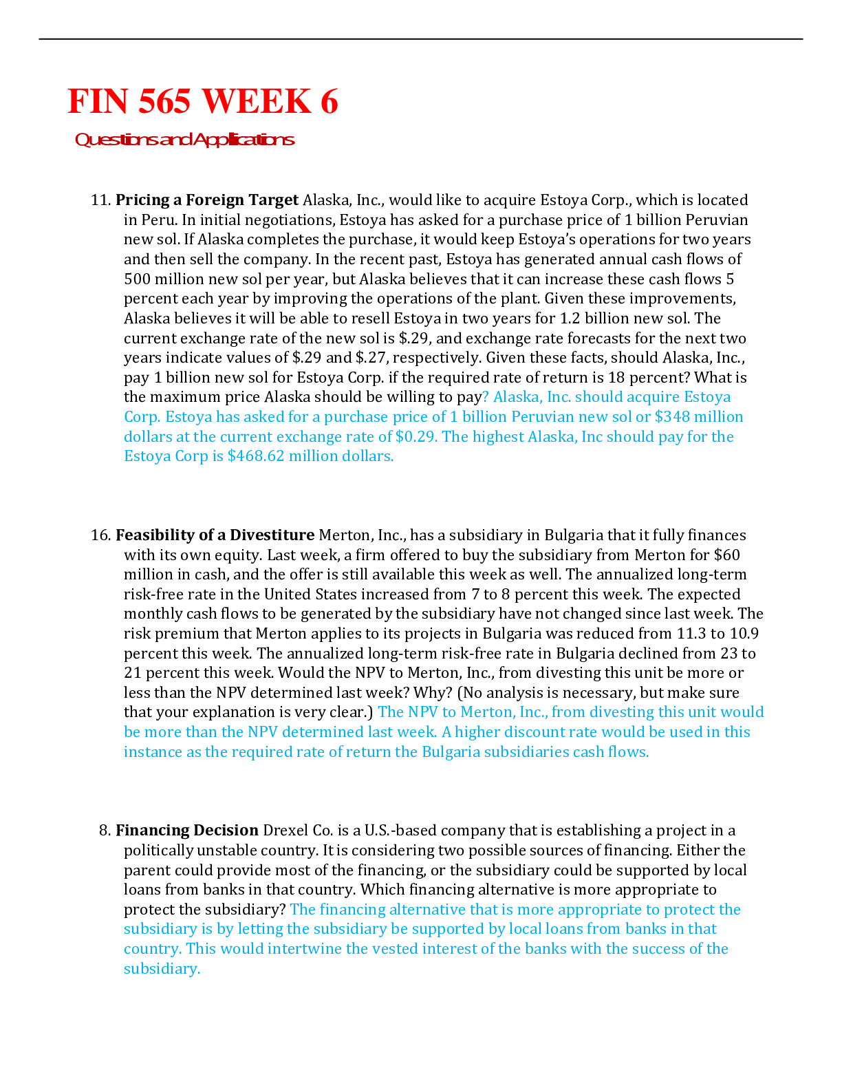 Preview image for DeVry University, Keller Graduate School of Management FINANCE FIN565 Week6 WITH CORRECT ANSWERS GURANTEED GRADE A+ SCORE