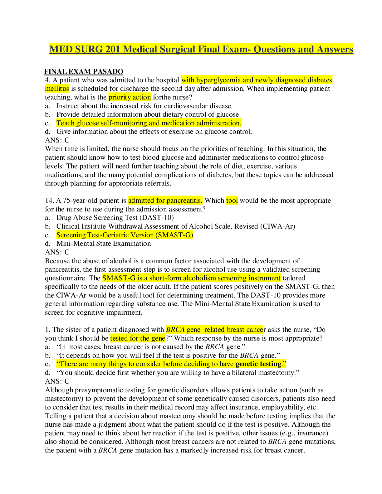 Preview image for MED SURG 201 Medical Surgical Final Exam- Questions and Answers; West Coast University