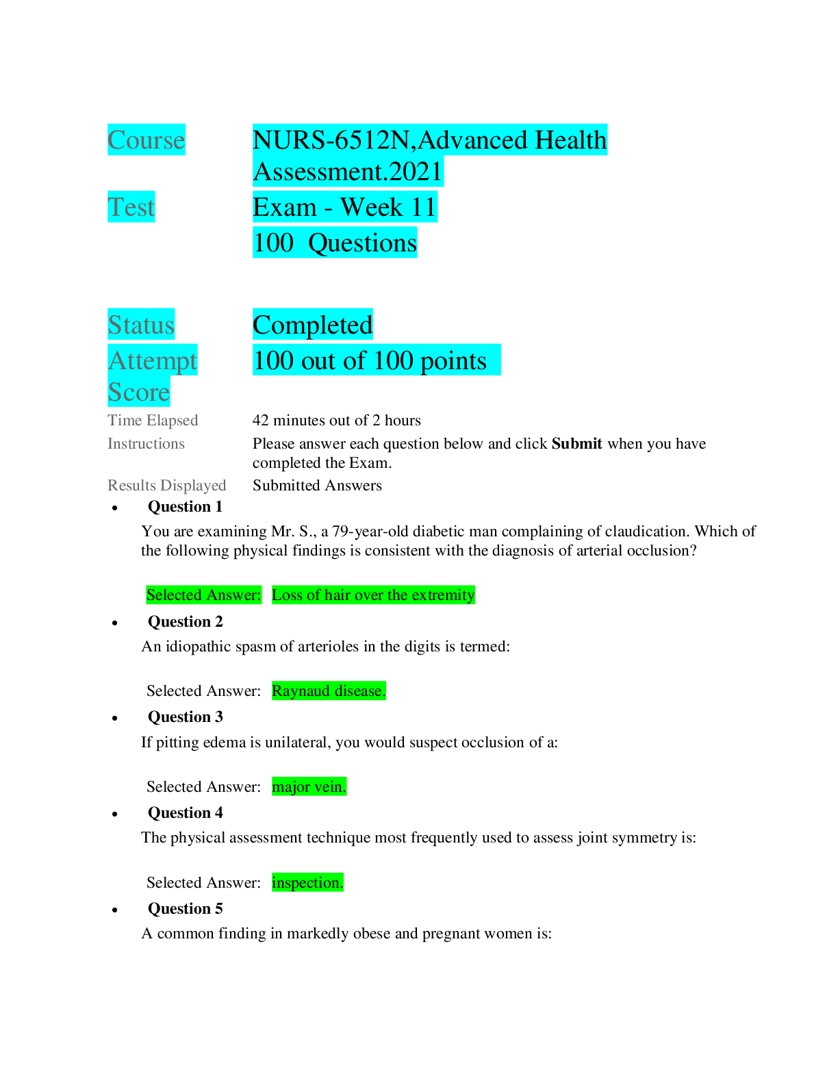 Preview of NURS-6512N,Advanced Health Assessment.2021  Exam - Week 11 100  Questions   Completed 100