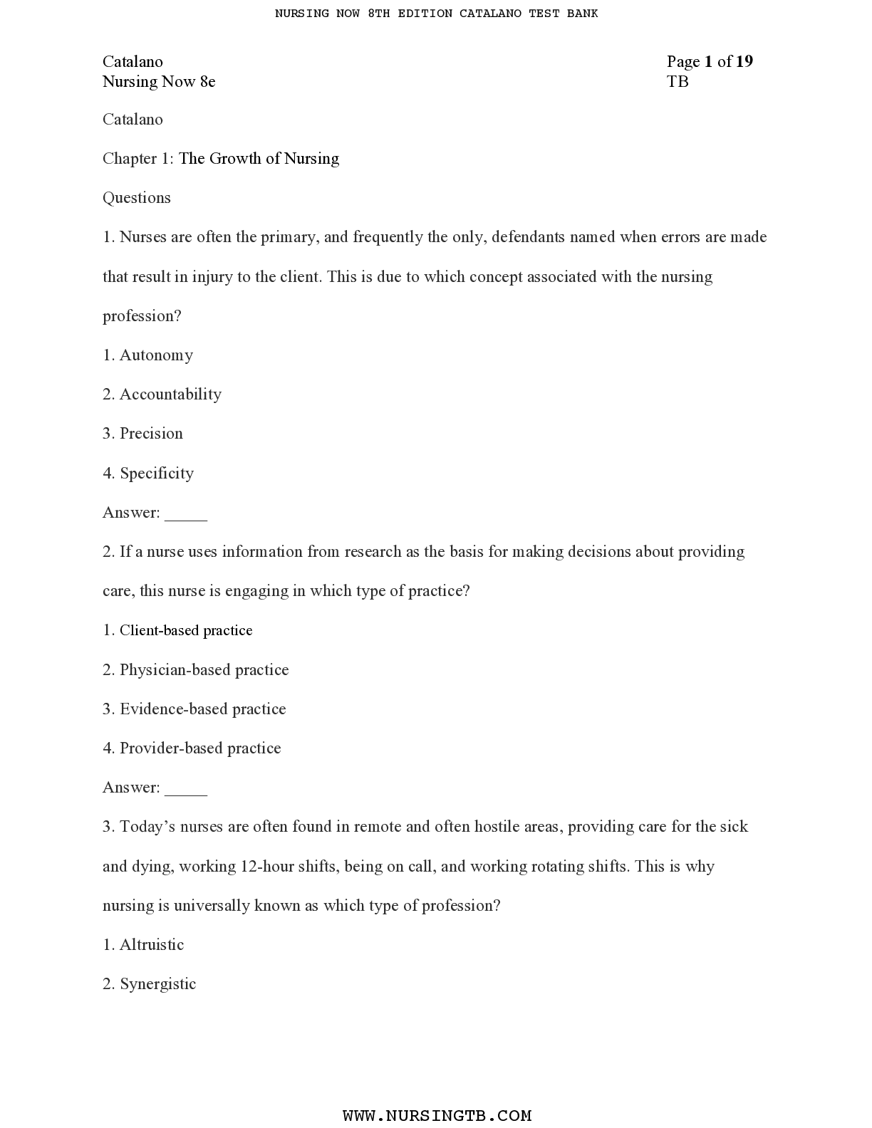 Preview image for Catalano Nursing Now 8th Edition Test Bank (All chapters complete, Answers at every chapter end)