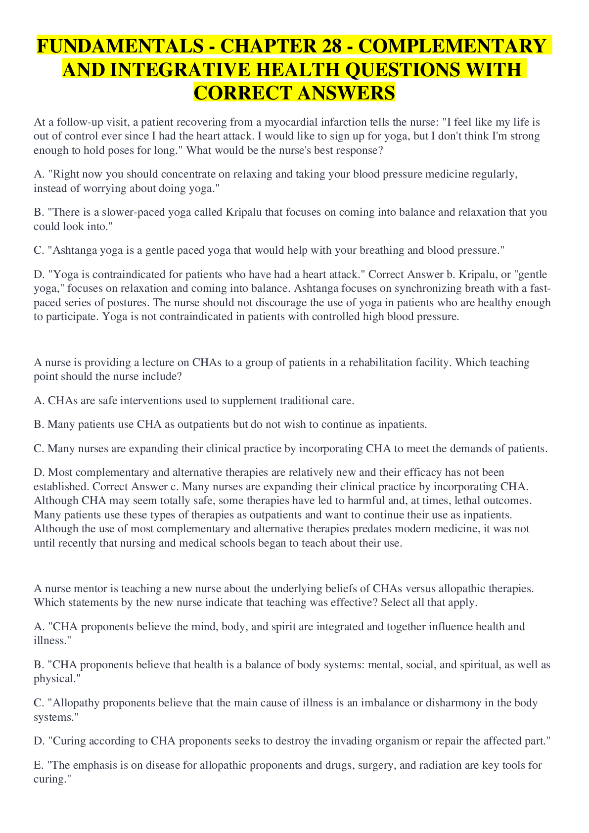 Preview image for FUNDAMENTALS - CHAPTER 28 - COMPLEMENTARY AND INTEGRATIVE HEALTH QUESTIONS WITH CORRECT ANSWERS