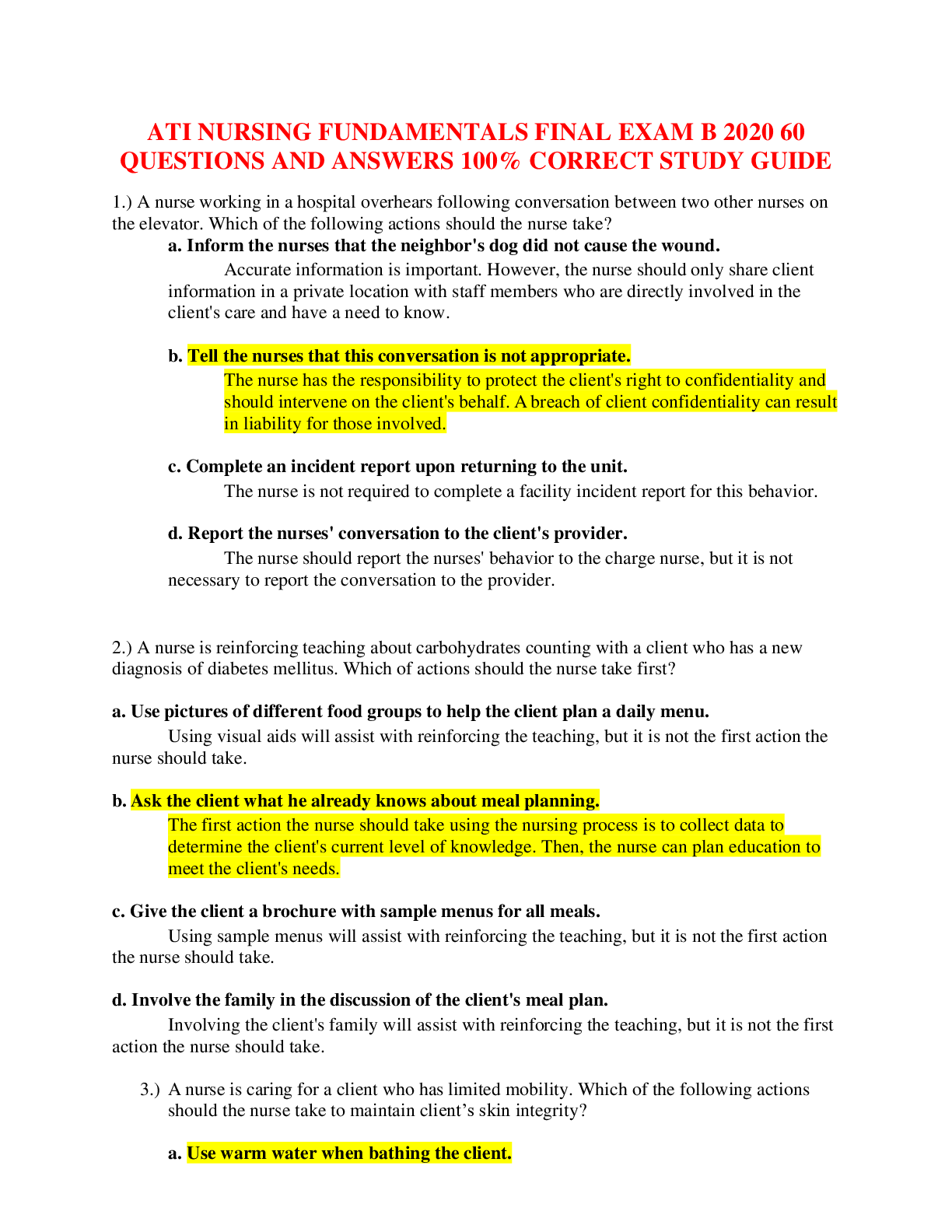 Preview of ATI NURSING FUNDAMENTALS FINAL EXAM B 2020 60 QUESTIONS AND ANSWERS 100% CORRECT STUDY GUI