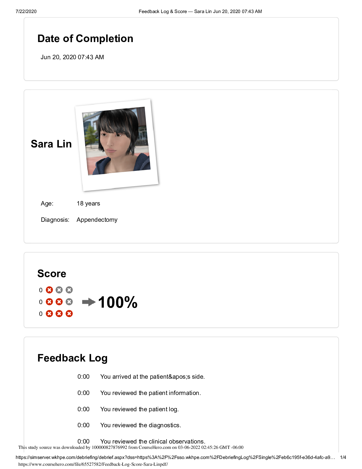 Preview image for Feedback Log & Score; Sara Lin. Diagnosis: Appendectomy. Includes Feedback Log. 100% Score.