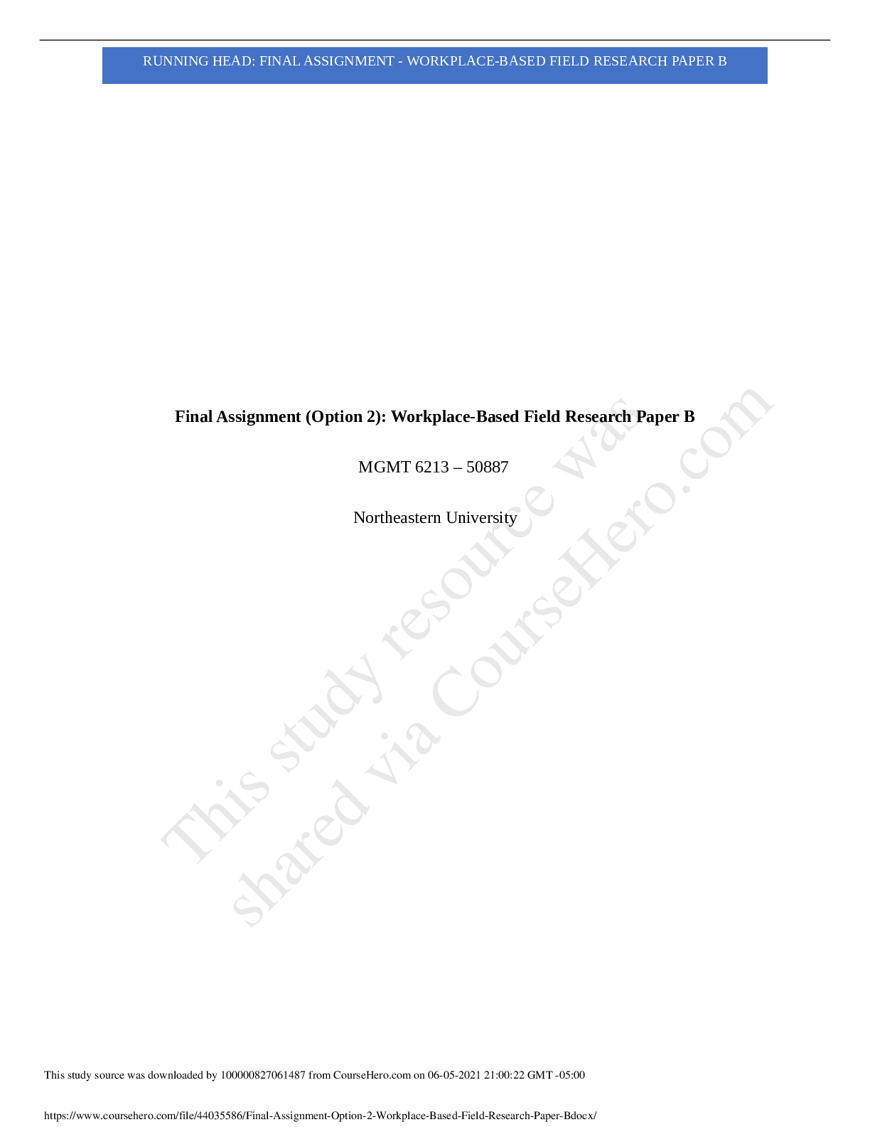 Preview image for Northeastern University MGMT 6213 Final Assignment (Option 2) - Workplace-Based Field Research Paper B.