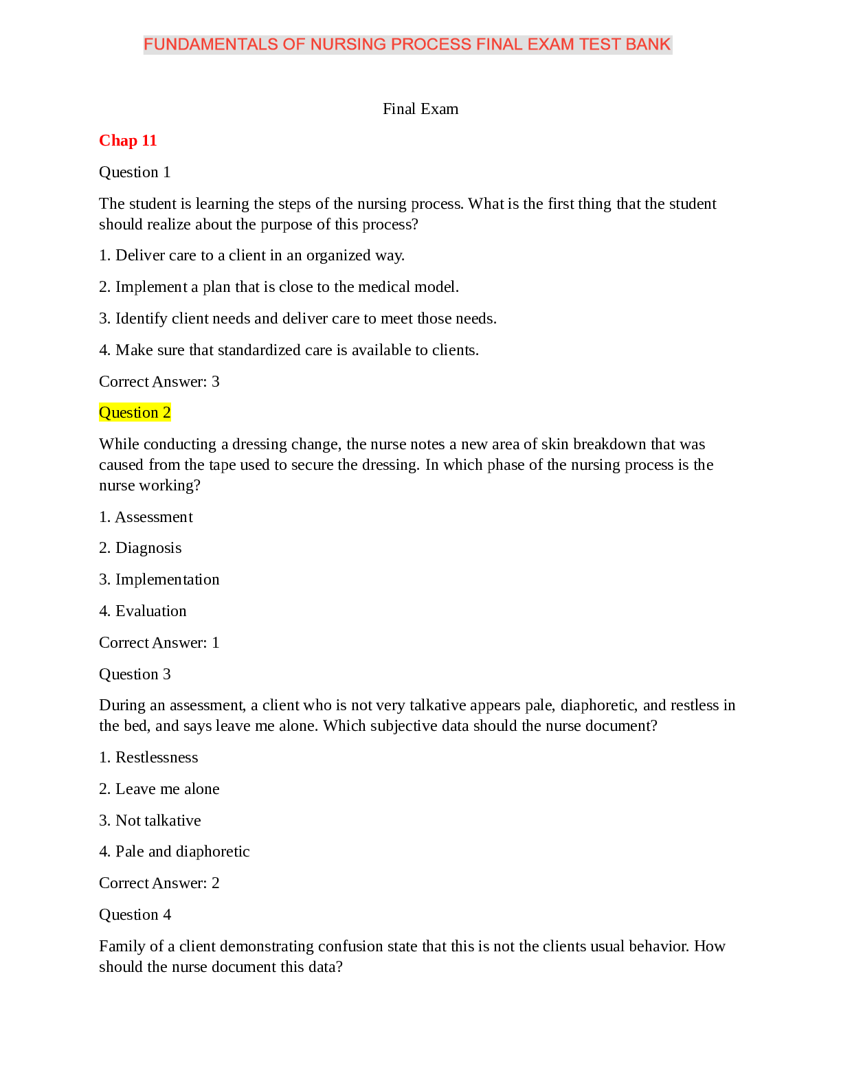 Preview image for FUNDAMENTALS OF NURSING PROCESS FINAL EXAM TEST BANK