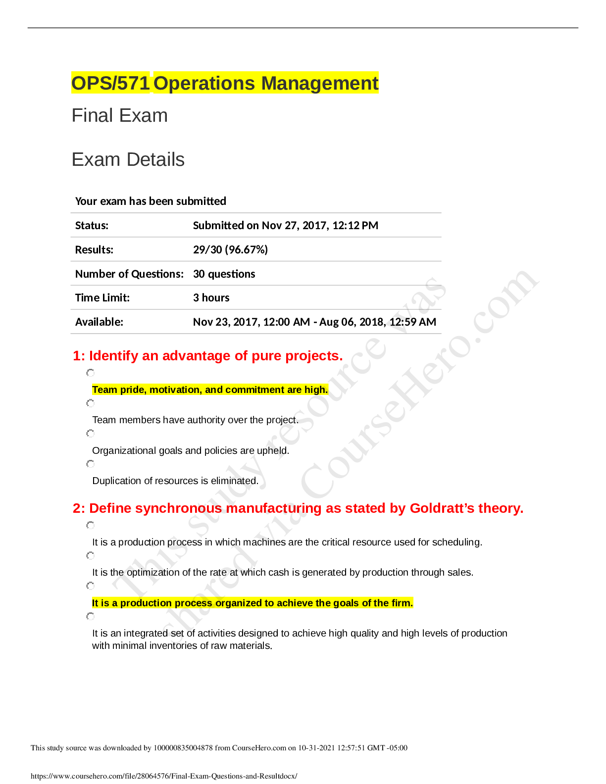 Preview of OPS/571 Final Exam 1