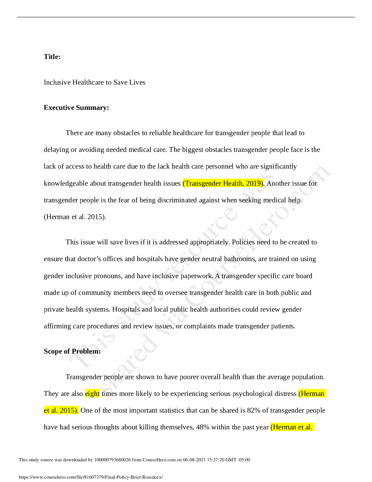 Preview image for Arizona State University HEALTH EXW 452 Final Policy Brief Ross-VERIFIED BY EXPERTS