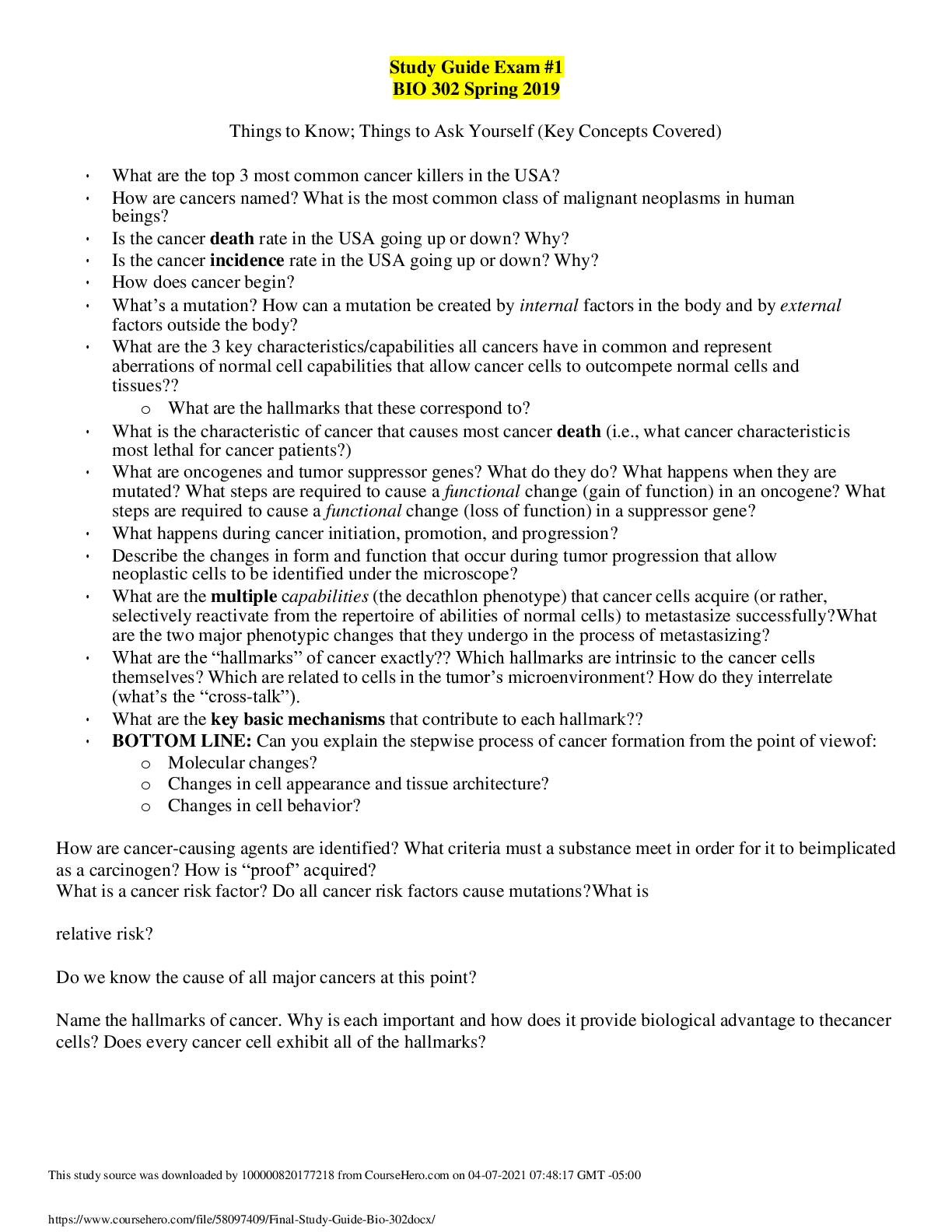 Preview image for Study Guide Exam #1 BIO 302 Spring 2019