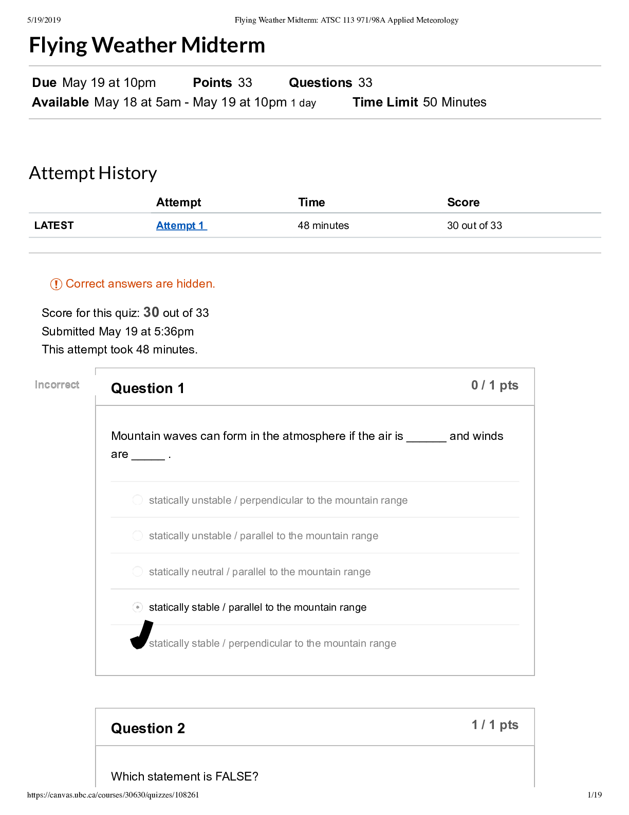 Preview of University of British ColumbiaATSC 113Flying Midterm Quiz Score: 30 out of 33 ( DOWNLOAD T