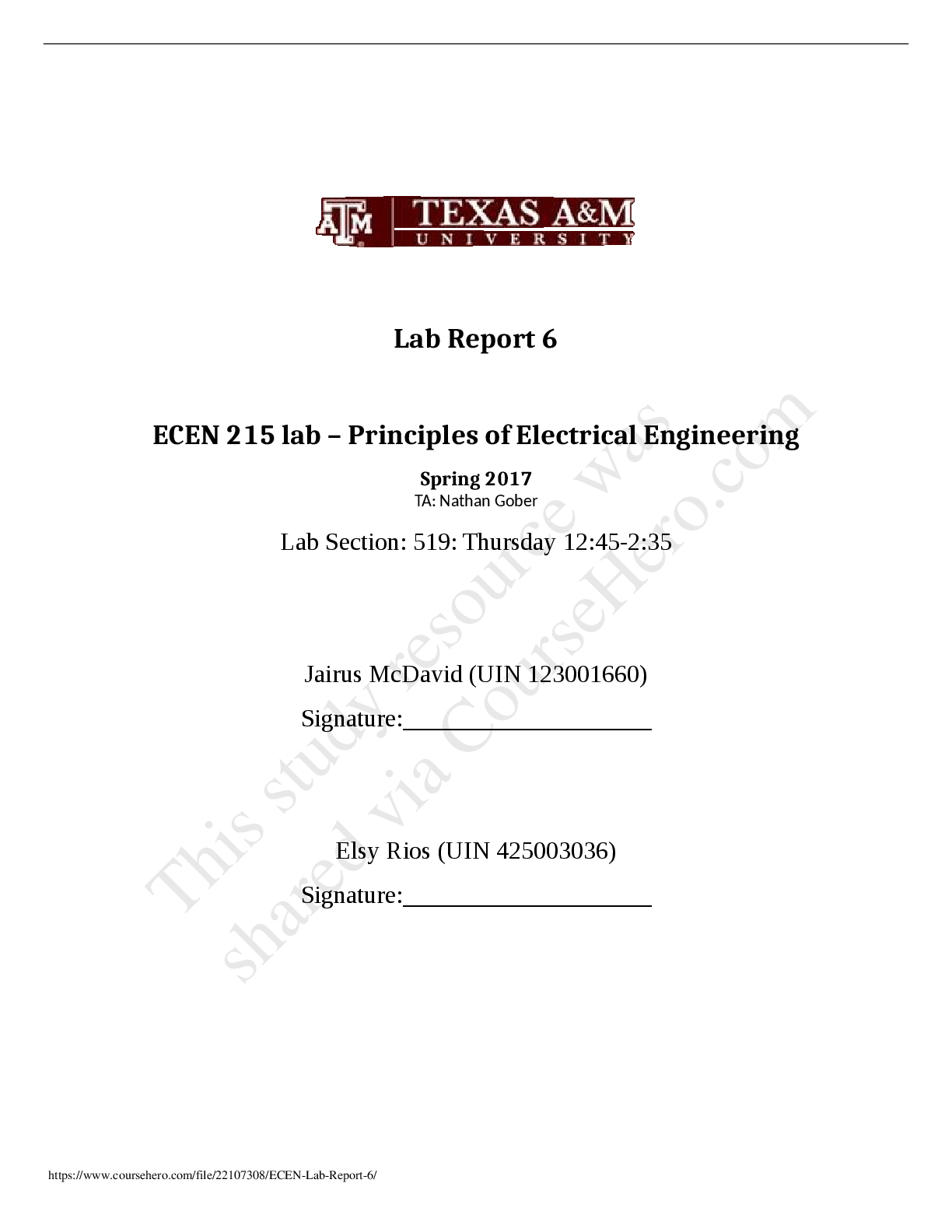 Preview of ECEN 215 ECEN Lab Report 6 Texas A&M University -