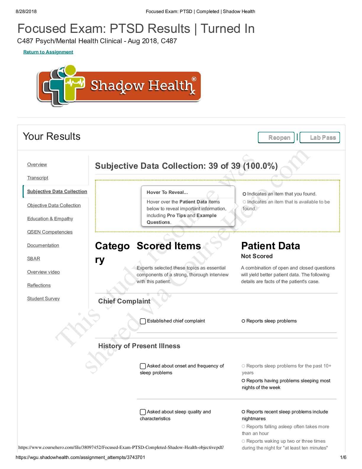 Preview of Focused Exam PTSD Completed Shadow Health objective