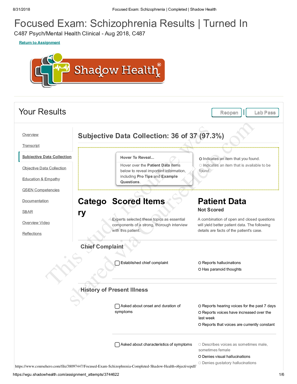 Preview of Focused Exam Schizophrenia Completed Shadow Health objective