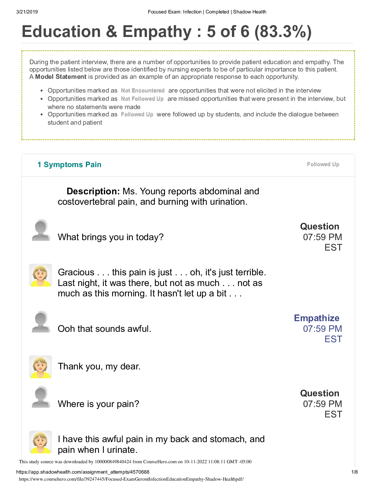 Preview image for NURS 324 Focused Exam Geront Infection Education Empathy Shadow Health| Focused Exam: Infection | Completed | Shadow Health Education & Empathy : 5 of 6 (83.3%)