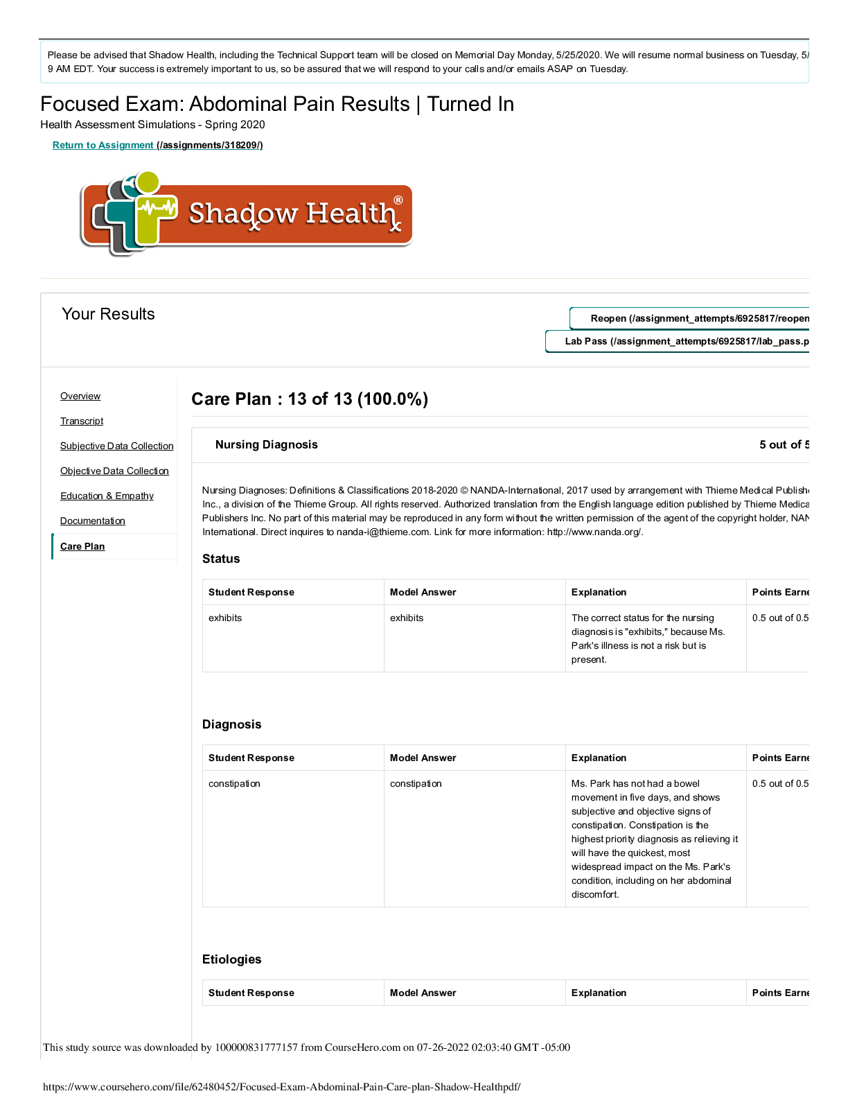 Preview image for Focused Exam: Abdominal Pain Results | Turned In Health Assessment Simulations - Spring 2020