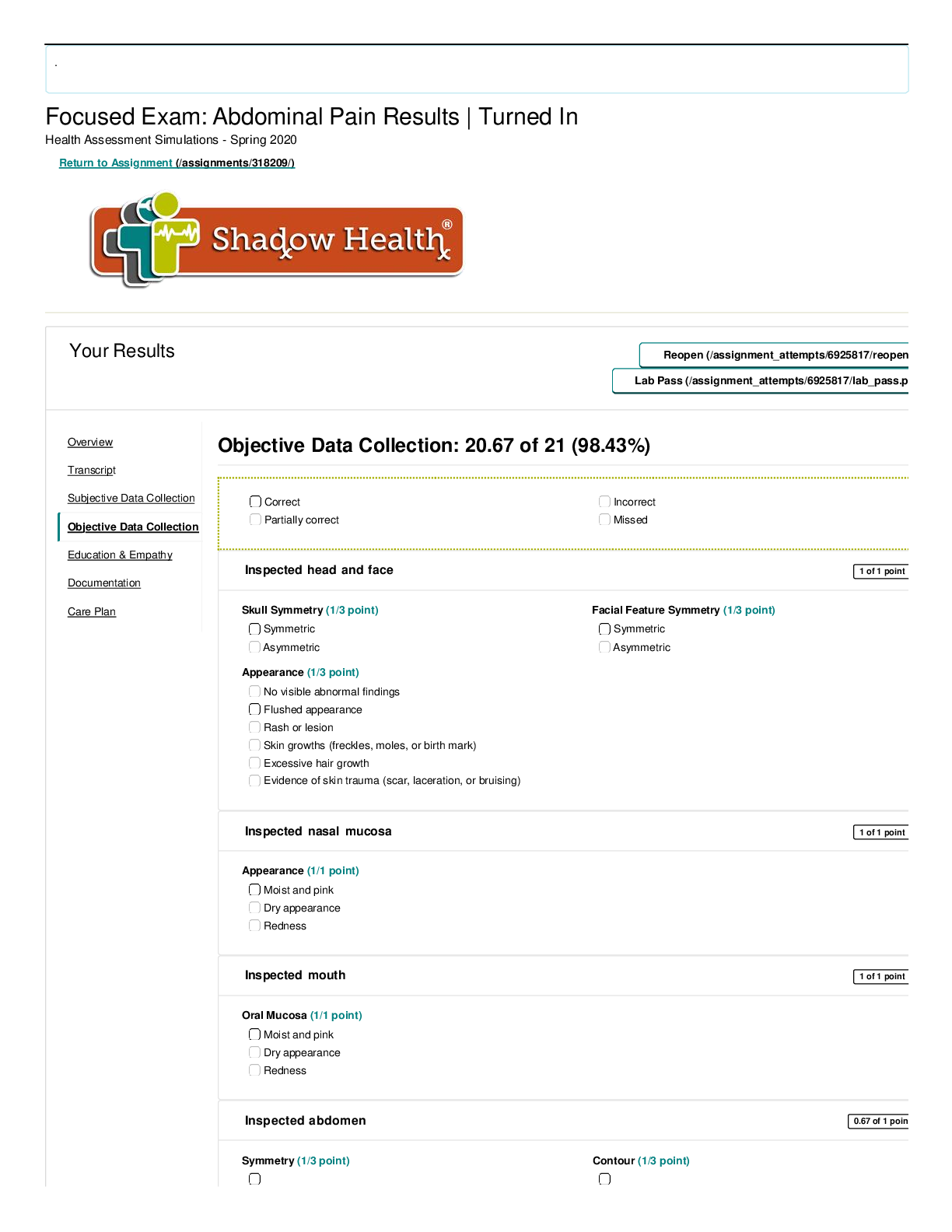 Preview image for NURS 261  Focused Exam_ Abdominal Pain Objective Shadow Health With Complete Solution Rated A