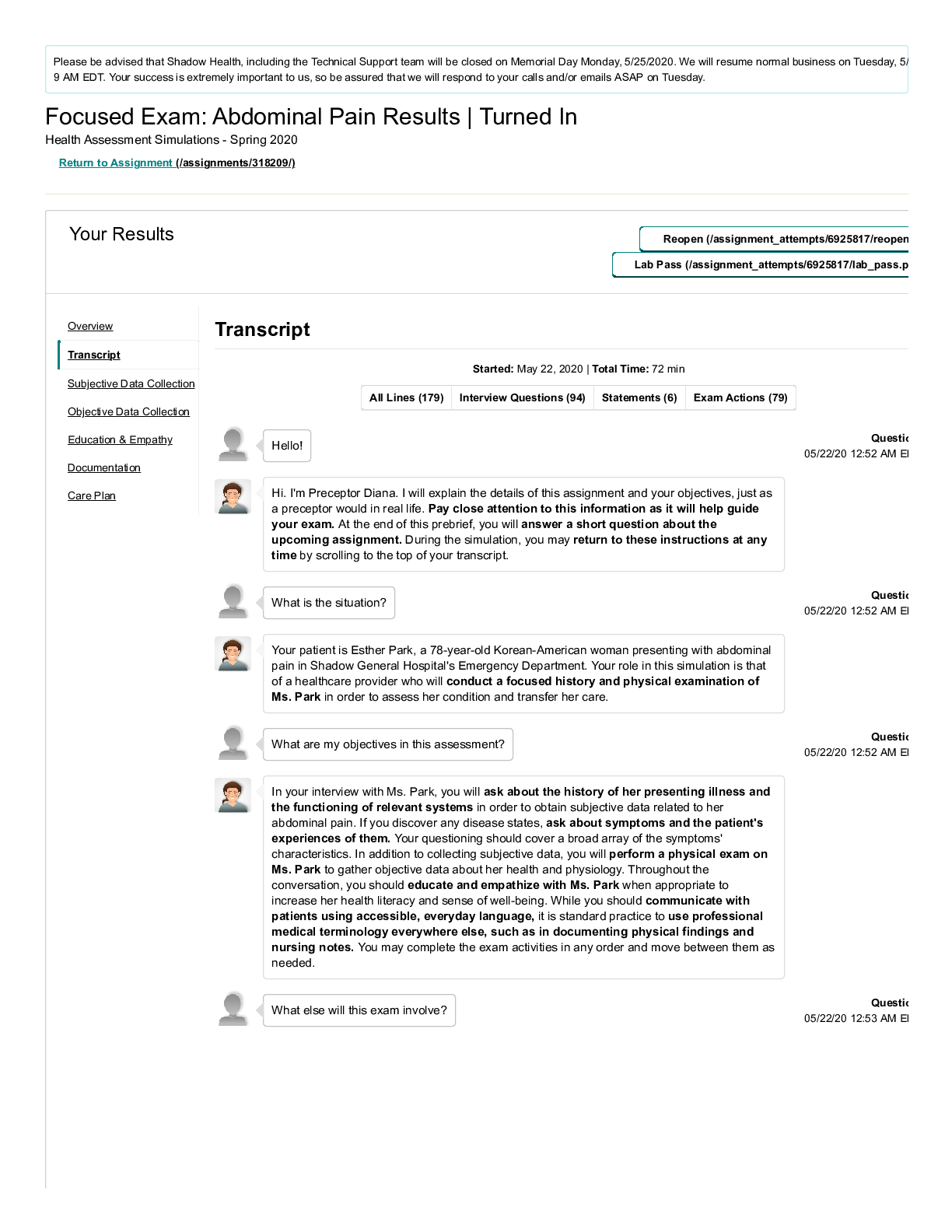 Preview of Virginia Commonwealth University - NURS 261 Focused Exam_ Abdominal Pain Transcript Shadow