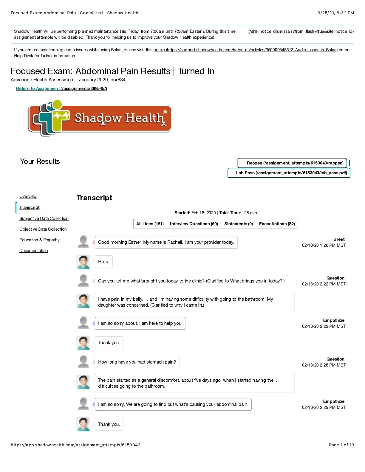 Preview image for Focused Exam: Abdominal Pain | Completed | Shadow Health 1