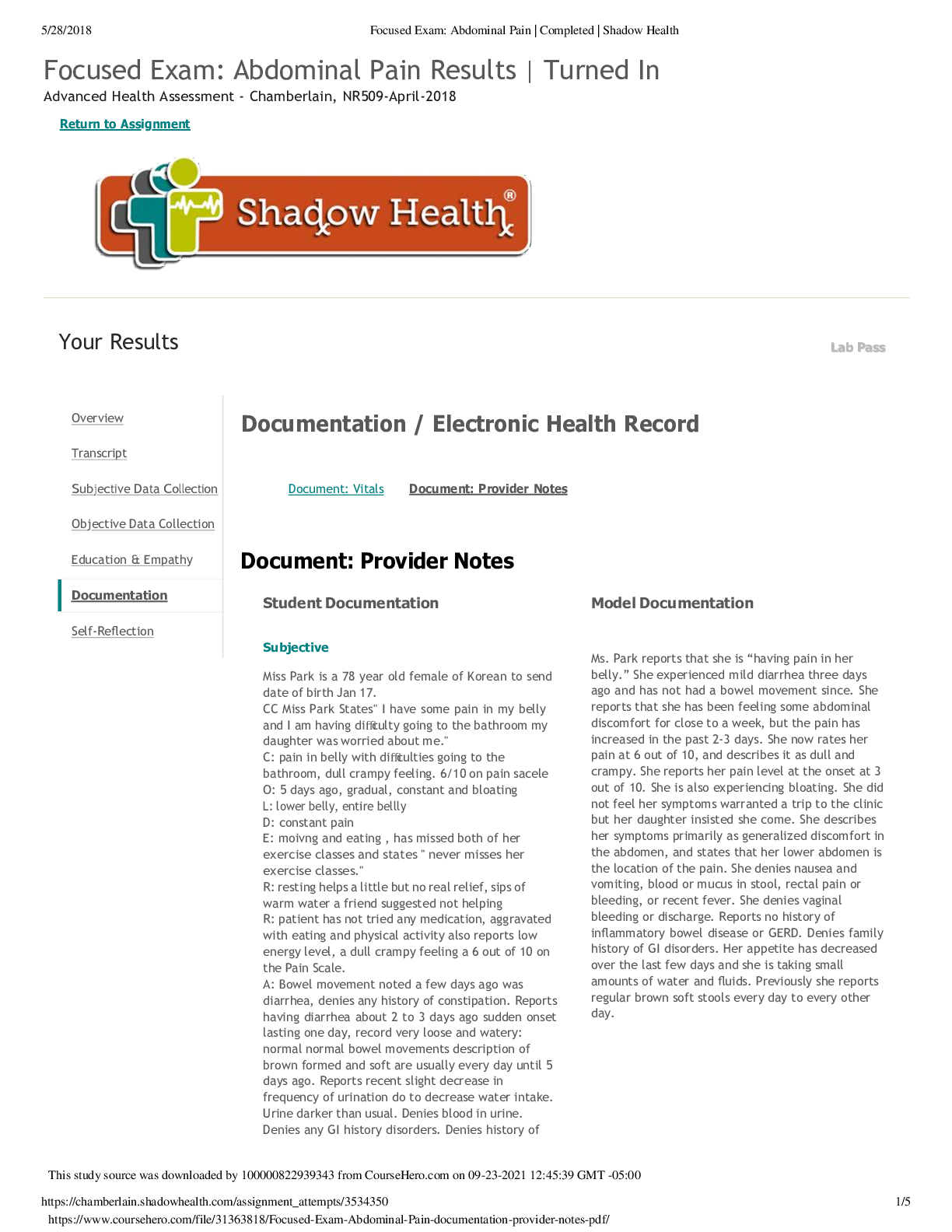 Preview image for Chamberlain College of Nursing_NR 509: Focused Exam- Abdominal Pain | Documentation Provider Notes.Focused Exam: Abdominal Pain Results | Turned In Advanced Health Assessment - Chamberlain, NR509-April-2018. Documentation / Electronic Health Record.