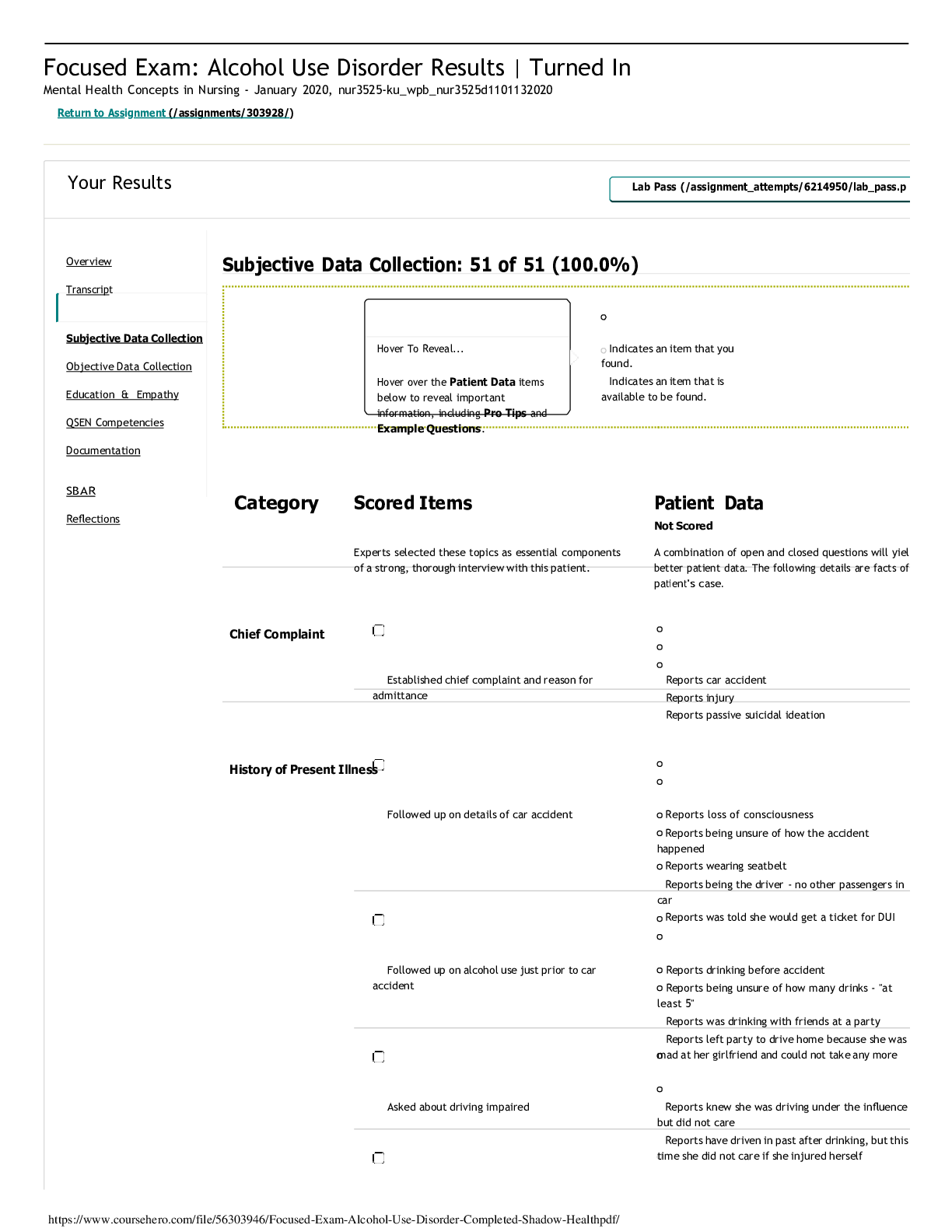 Preview image for Focused Exam: Alcohol Use Disorder Completed _ Shadow Health 2020