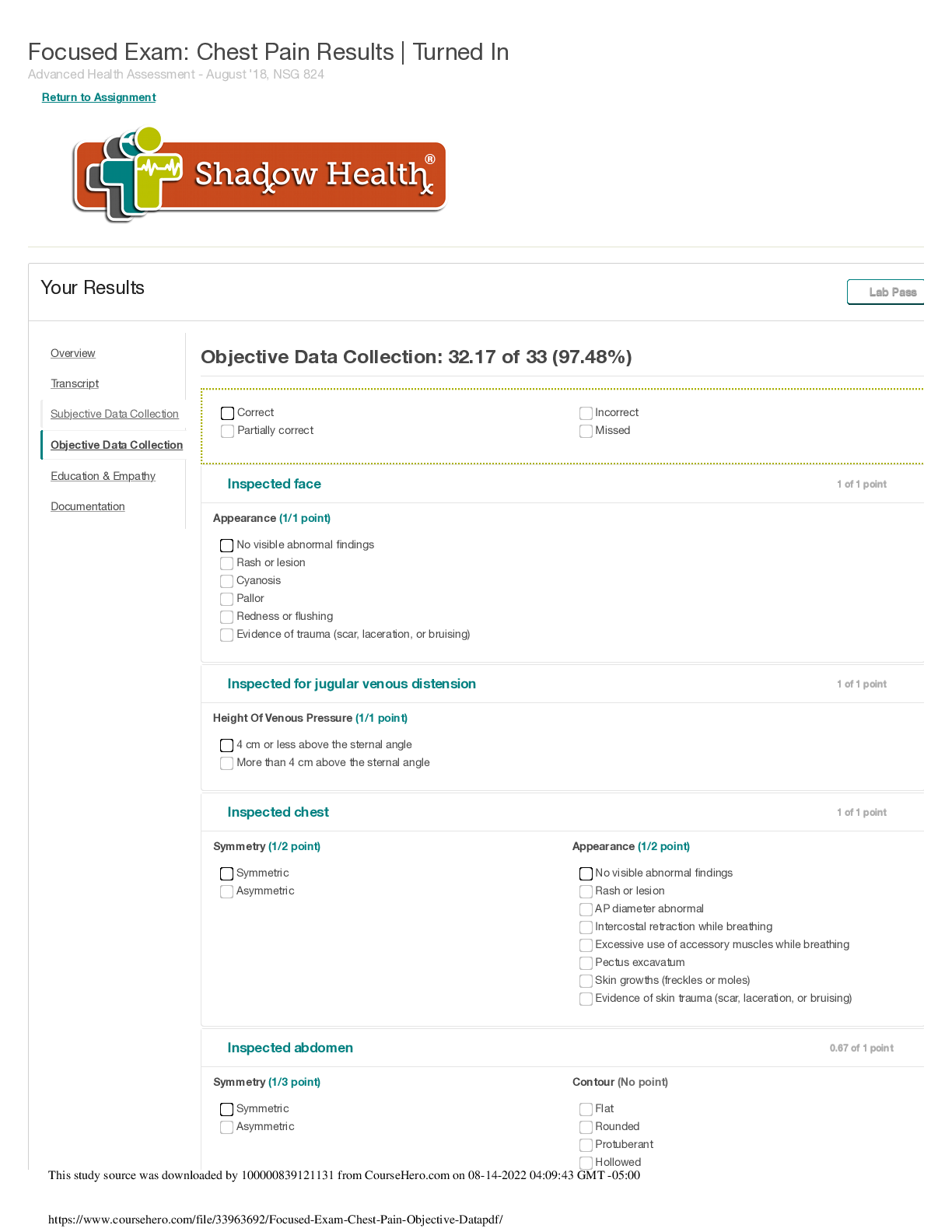 Preview image for NR 509 FOCUSED EXAM CHEST PAIN DOCUMENTATION Objective Data collection