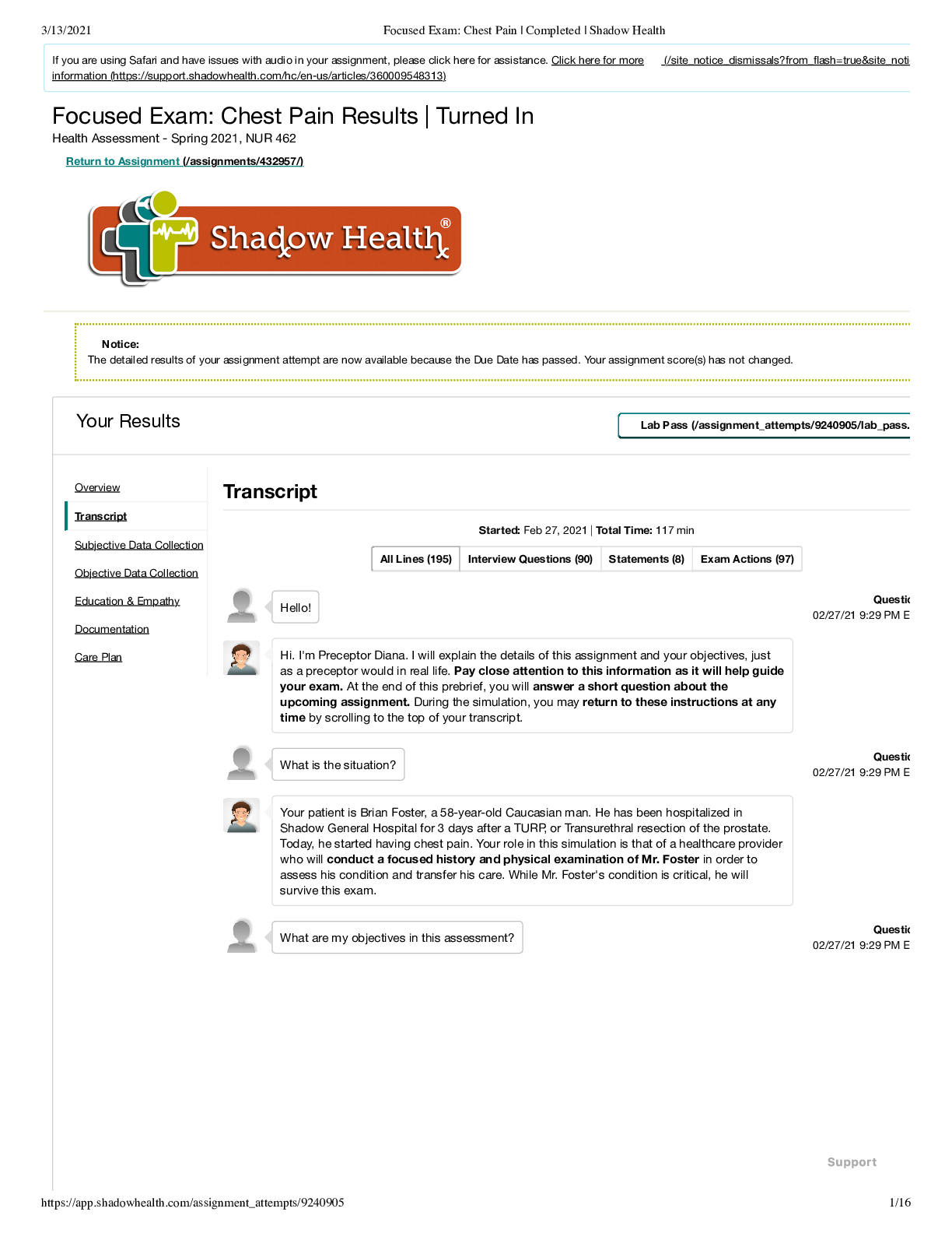 Preview image for NUR 462Focused Exam_ Chest Pain _ Completed _ Shadow Health(Transcript)