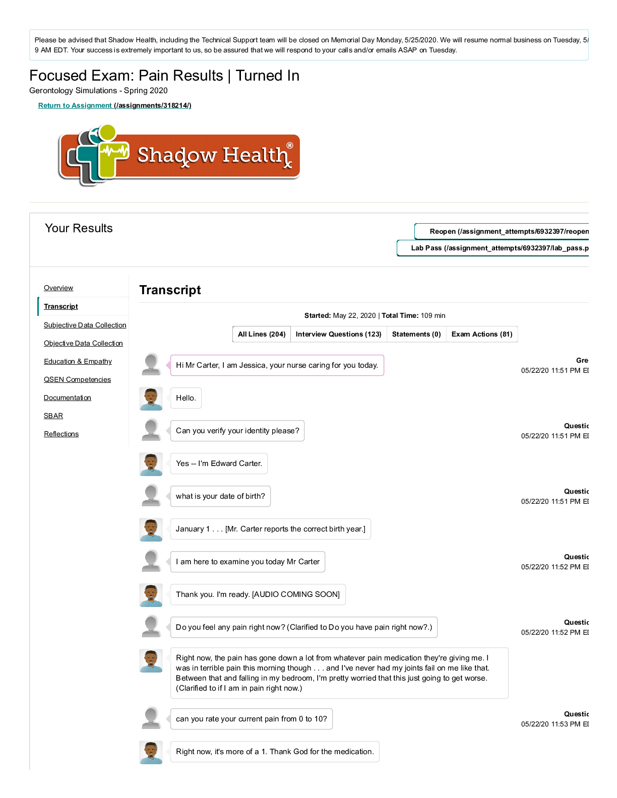 Preview image for NURS 261Focused Exam_ Pain Transcript Shadow Health.