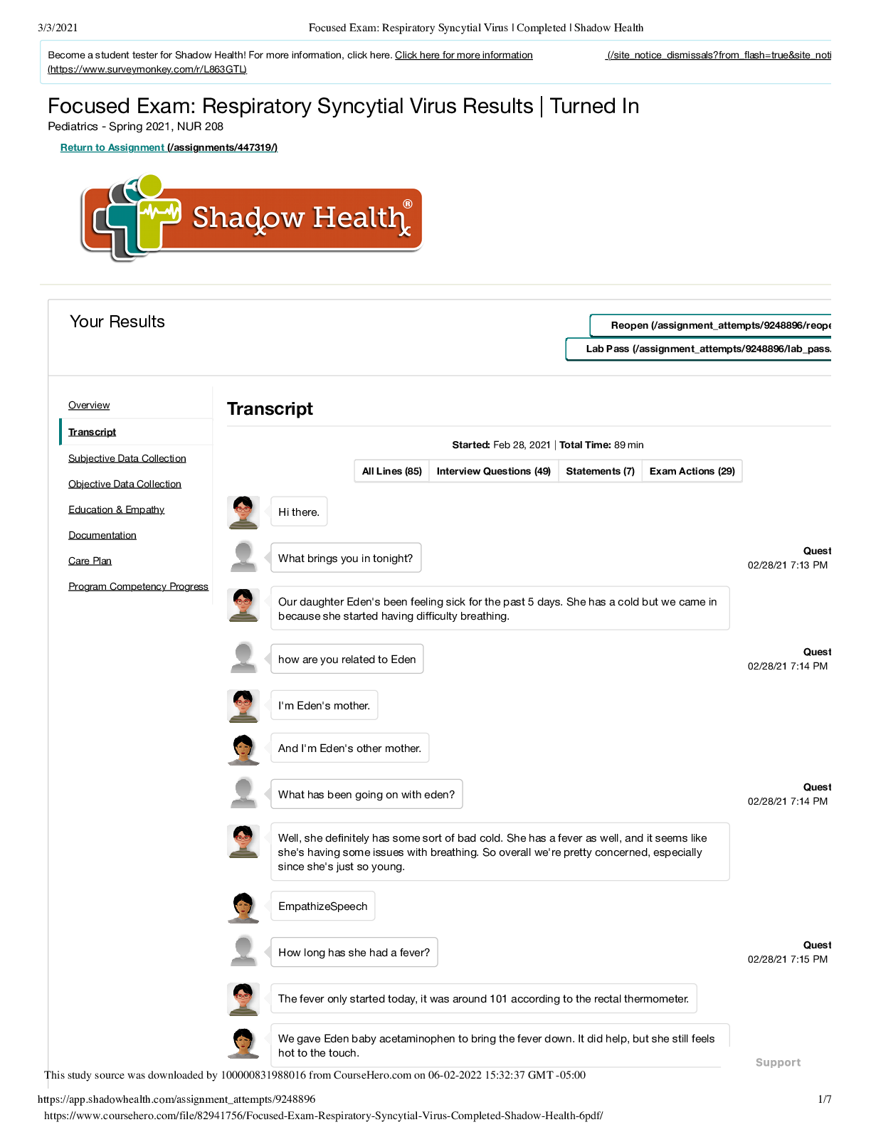 Preview image for Focused Exam Respiratory Syncytial Virus Completed Shadow Health (Transcript)