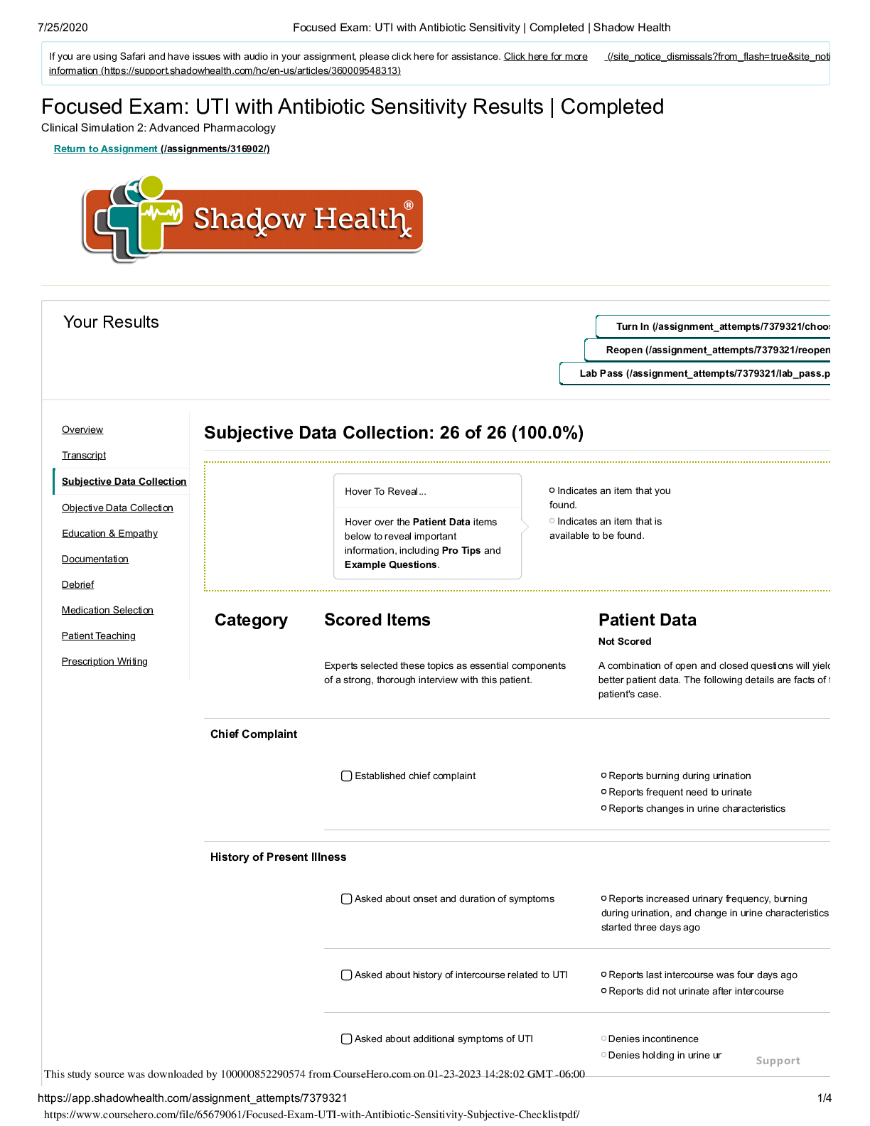 Preview image for Focused Exam_ UTI with Antibiotic Sensitivity- Subjective Checklist