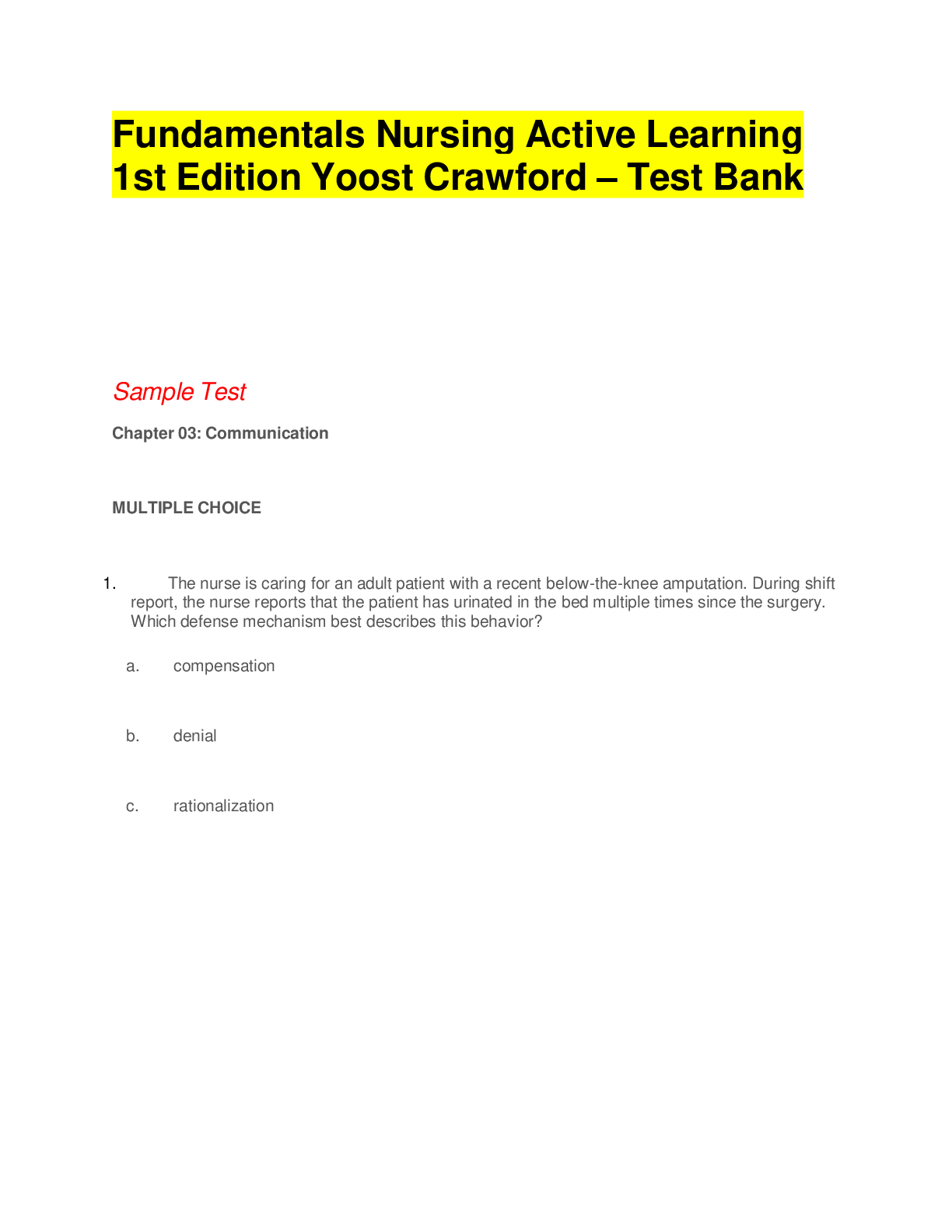 Preview image for Fundamentals Nursing Active Learning 1st Edition Yoost Crawford – Test Bank
