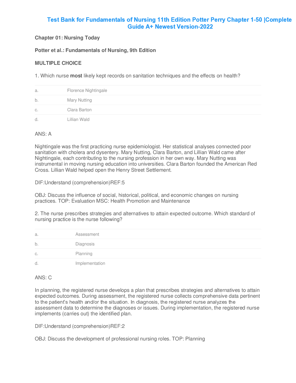 Preview image for Test Bank for Fundamentals of Nursing 11th Edition Potter Perry Chapter 1-50 |Complete Guide A+ Newest Version-2022