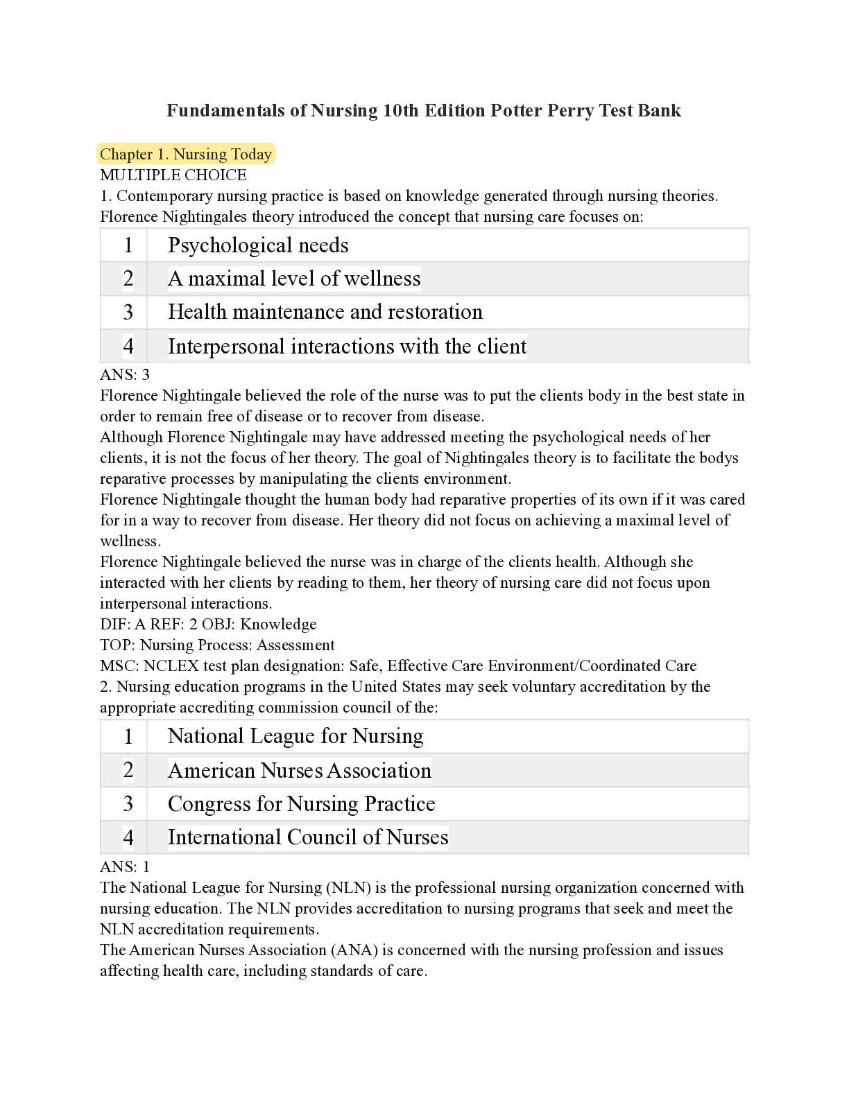 Preview of Test Bank for Fundamentals of Nursing 11th Edition Potter Perry-a comprehensive study guid
