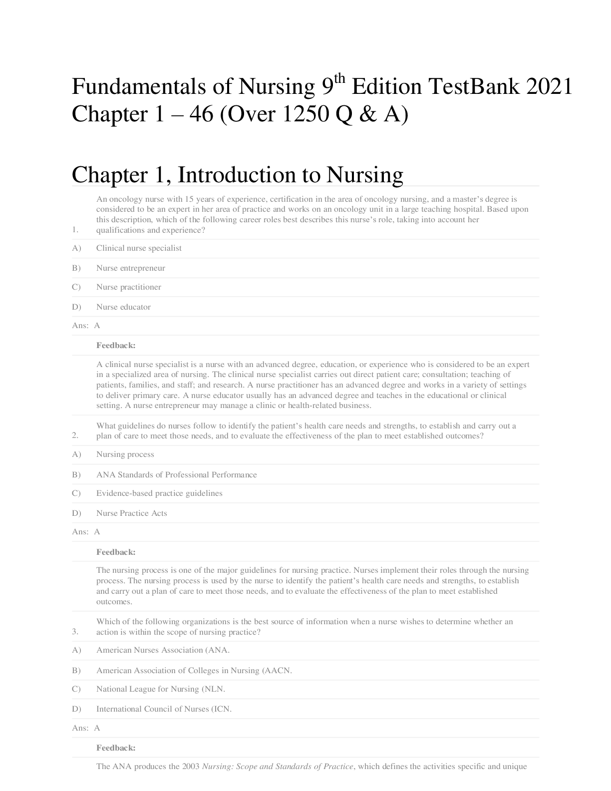 Preview image for Fundamentals of Nursing 9 th Edition TestBank 2021 Chapter 1 – 46 (Over 1250 Q & A)