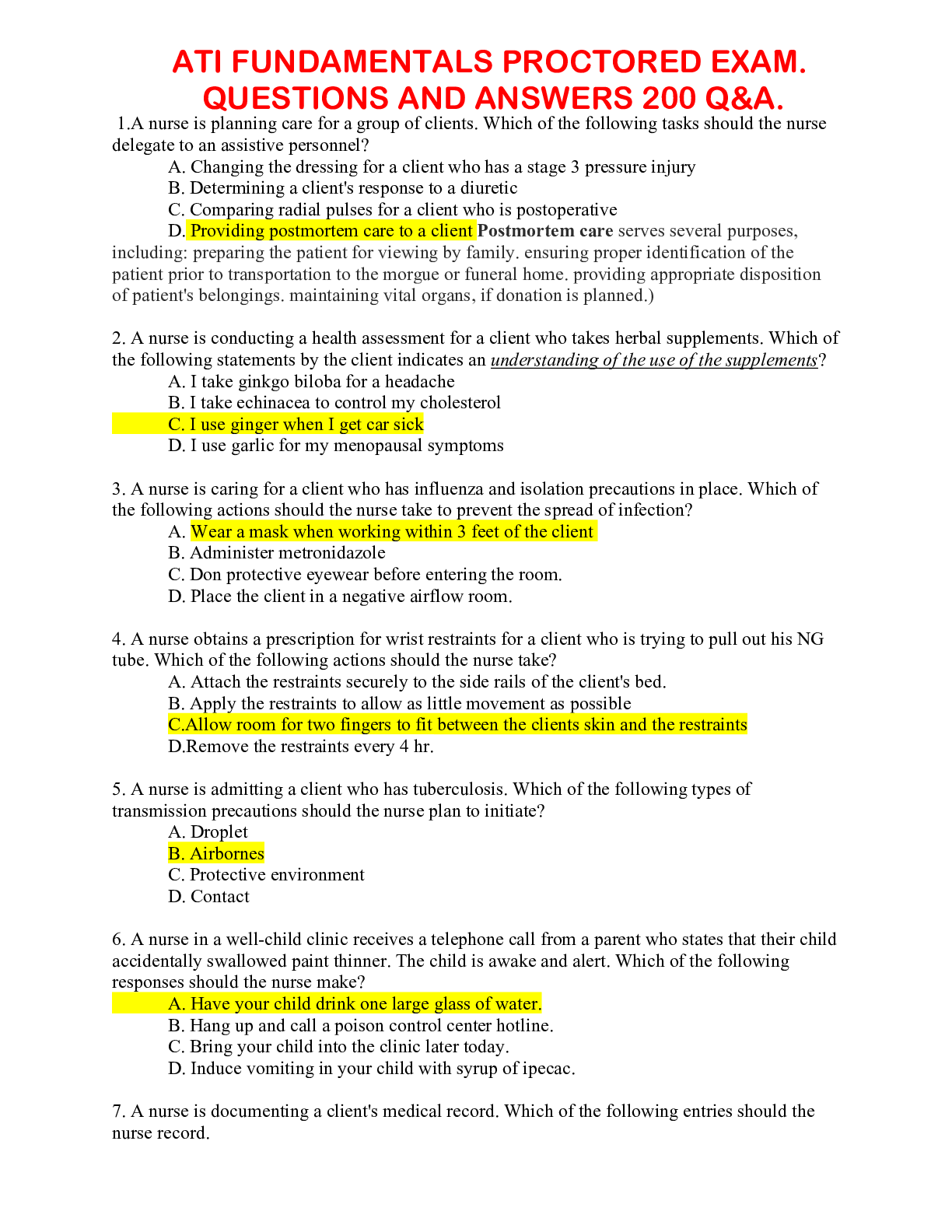Preview image for ATI FUNDAMENTALS PROCTORED EXAM. QUESTIONS AND ANSWERS. UPDATED VERSION .OVER 200 QUESTIONS WITH CORRECT ANSWERS